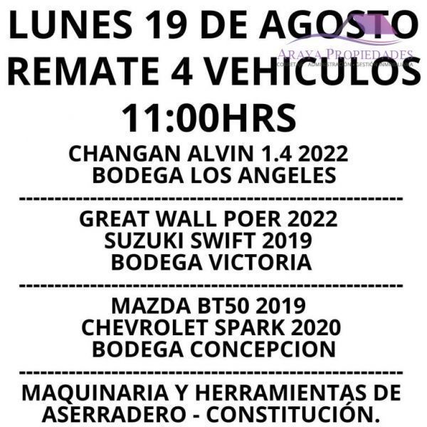 Remate Judicial 4 Vehiculos + Maquinaria - 19 de agosto 11:00hrs 